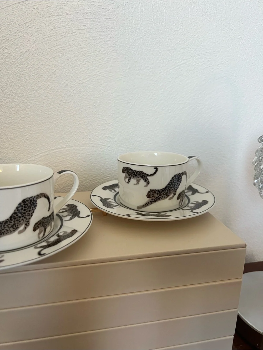 Cup and saucer set with black leopard print on white background